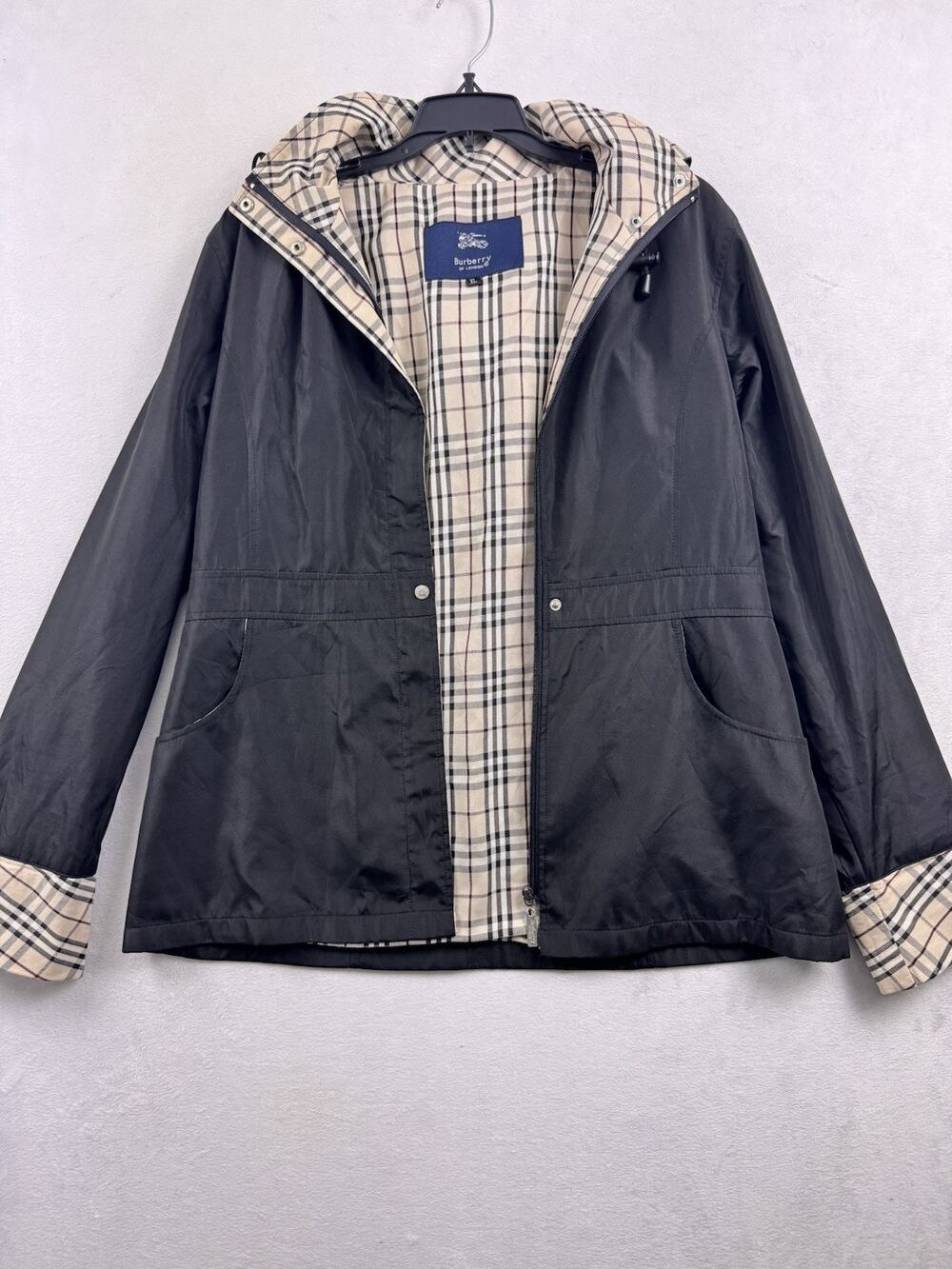 Black Hooded Nylon Jacket Girls XL Beige Check Lining